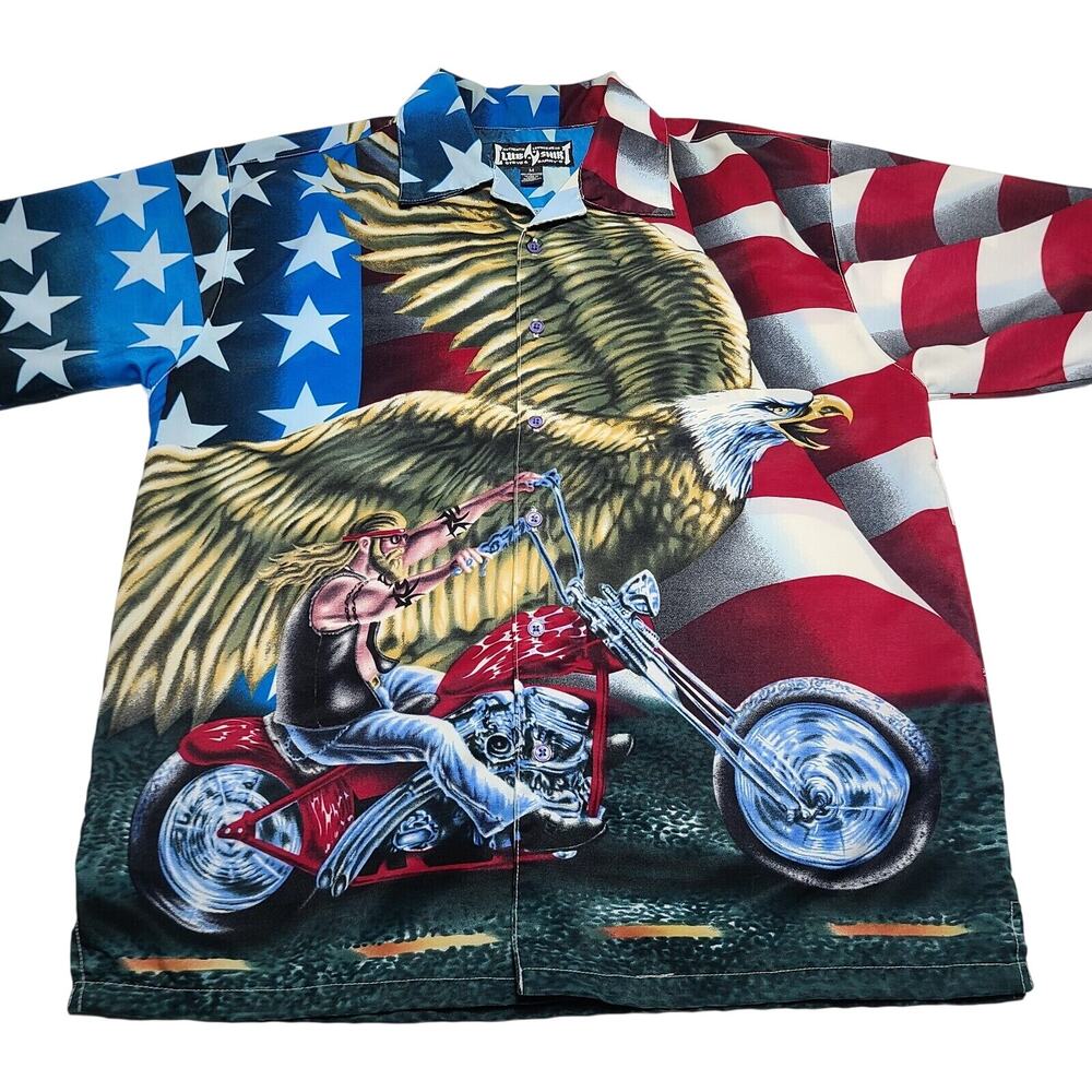 Steve & Barry's Club Shirt Men's Size Medium Button-up Motorcycle USA Flag Eagle